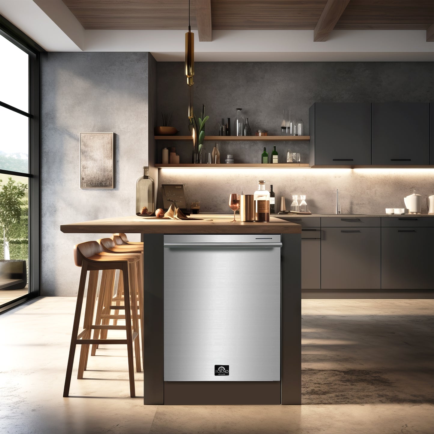 FORNO Premium 4-Piece Kitchen Bundle - Leonardo Espresso 30" Stainless Steel Range, 30" Stainless Steel Range Hood, 31" Stainless Steel Bottom Freezer Refrigerator, 24" Stainless Steel Dishwasher - FBDL-006-01US