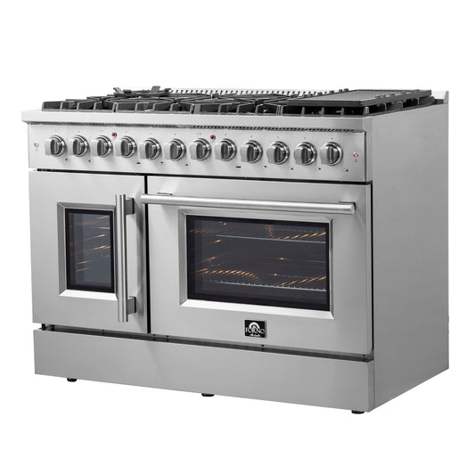 FORNO Galiano 48-Inch French Door Dual Fuel Range All Stainless Steel, 8 Sealed Burners, 107,000 BTU, Griddle, 6.58 cu.ft. Double Ovens
