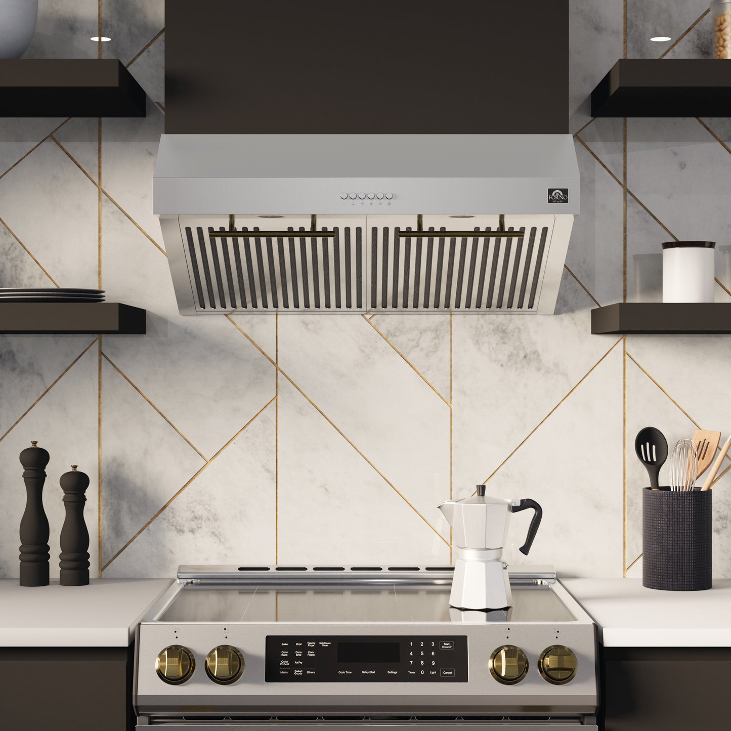 FORNO Premium 4-Piece Kitchen Bundle - 30" Electric Range, 30" Range Hood, 31" French Door Refrigerator, 24" Built-In Dishwasher, Stainless Steel - FBDL-010-01CA