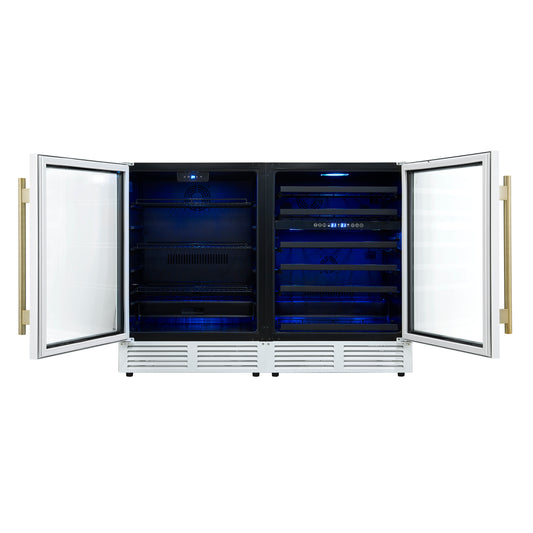 Gemello 48 Inch Side-by-Side Wine and Beverage Cooler in White with Antique Brass Handles, French Door, 9.6 cu. ft.