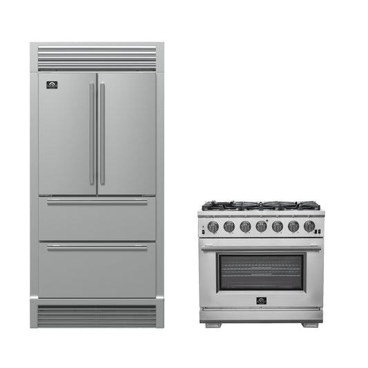 FORNO Premium 2-Piece Kitchen Bundle - Galiano 36" Stainless Steel Range, Forno Moena 36" French Door 19.2 cu. ft Stainless Steel Refrigerator, with Decorative Grill - 40" Wide - FBDL-019-03CAUS