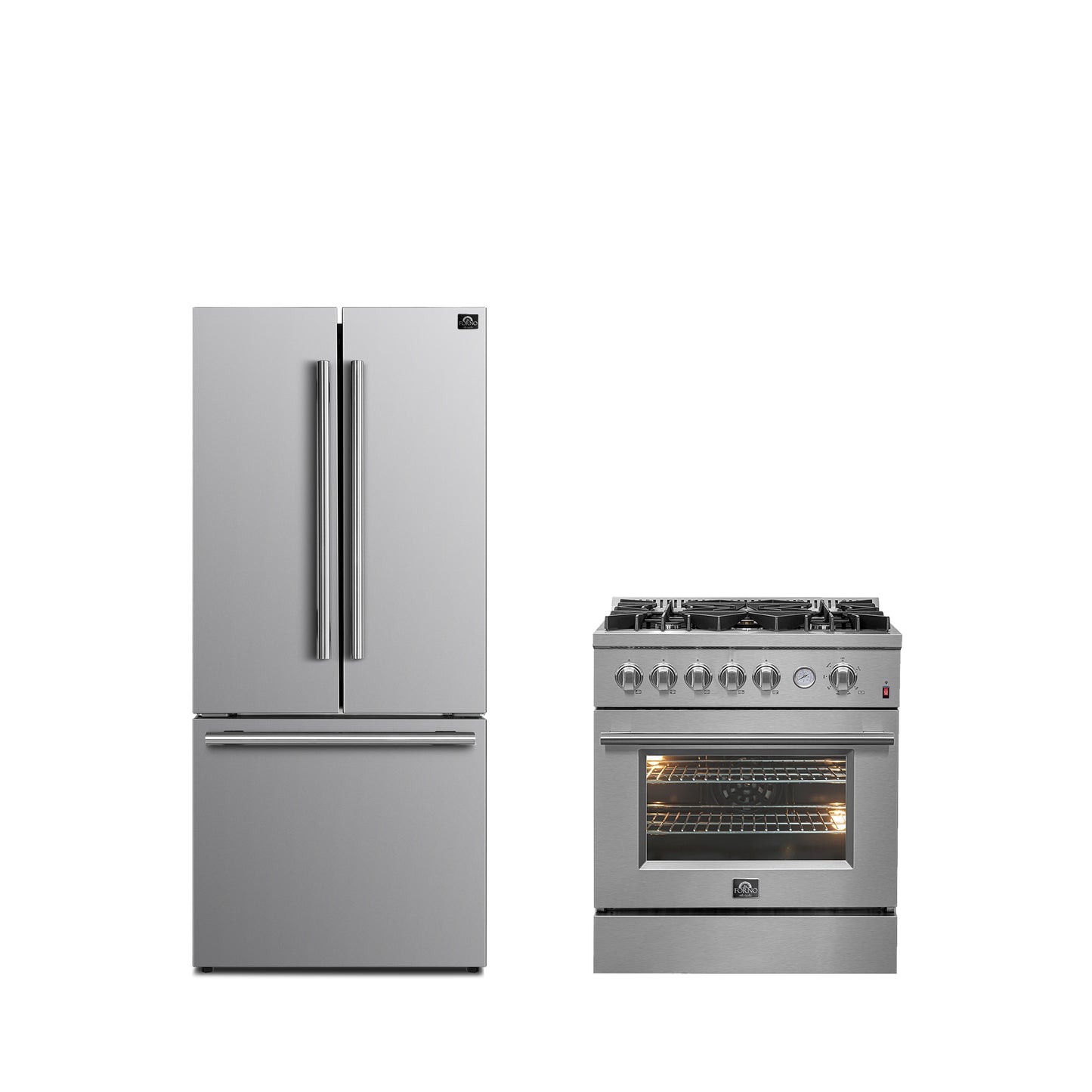 FORNO Premium 2-Piece Kitchen Bundle -Giovanni 30-inch Gas Range Stainless Steel, Forno Gallipoli 30" French Door Refrigerator with Bottom Freezer 17.5 cu. ft Capacity - FBDL-020-01CAUS