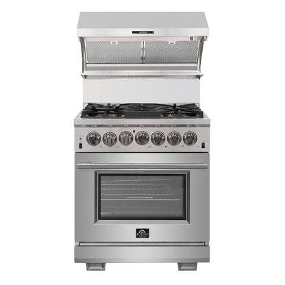 Forno Capriasca 30-Inch Freestanding Dual Fuel Range, 4 Burners, True Convection Oven