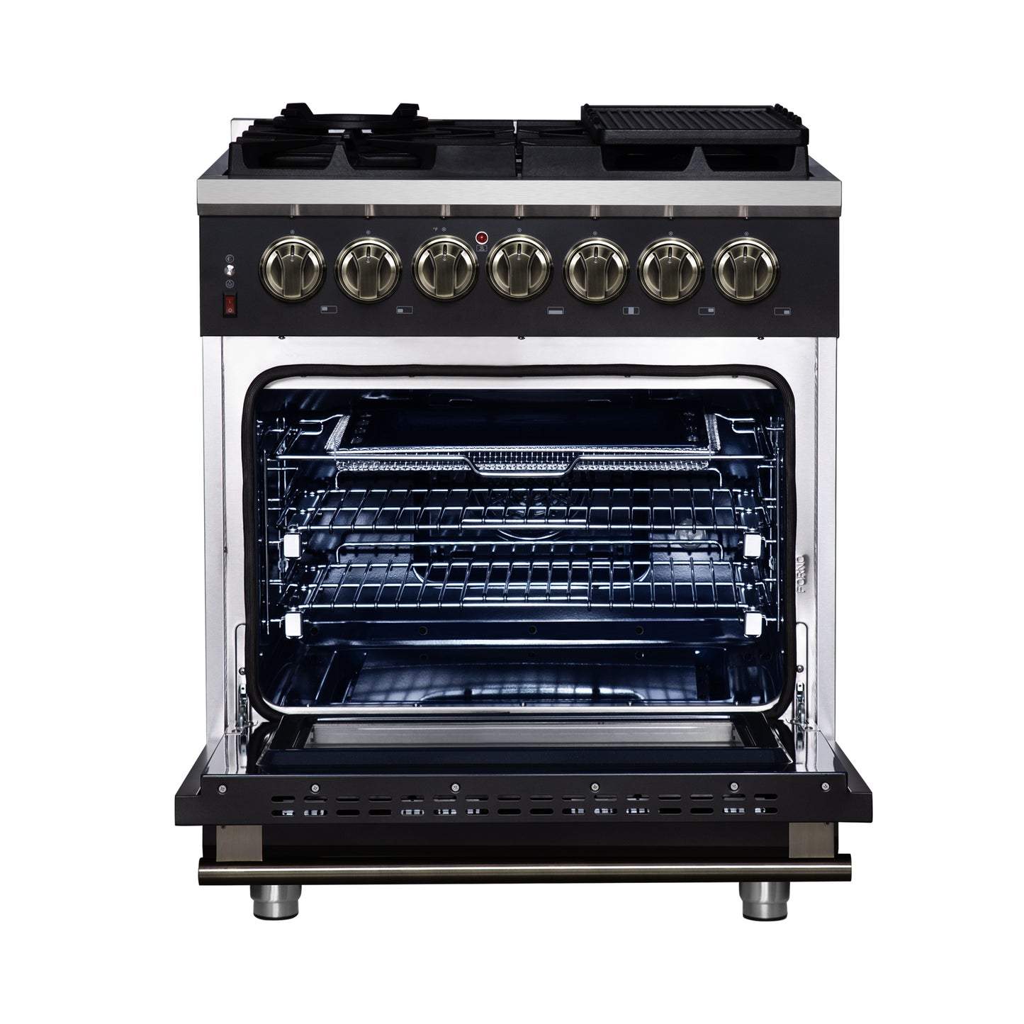 Forno Massimo 30-Inch Freestanding Dual Fuel Range in Black with Antique Brass Accessories, 4 Burners, 4.32 cu. ft. Convection Oven
