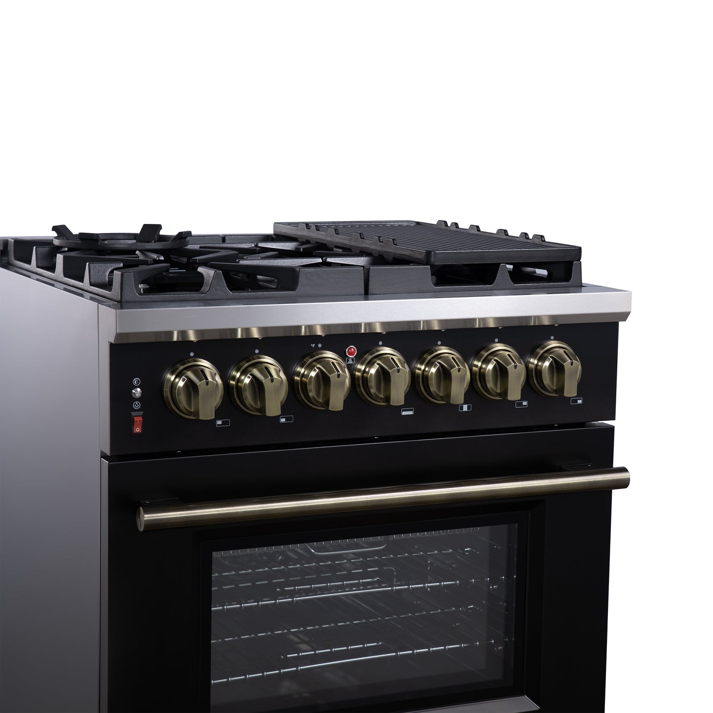 Forno Massimo 30-Inch Freestanding Dual Fuel Range in Black with Antique Brass Accessories, 4 Burners, 4.32 cu. ft. Convection Oven
