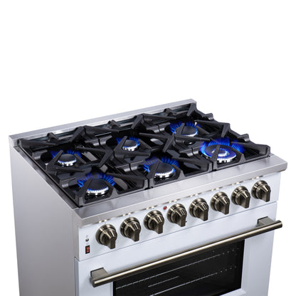 Massimo 36 Inch Dual Fuel Range in White with Air Fryer Basket, True Convection Oven, Matte Cast Iron Grates, and Antique Brass Handles