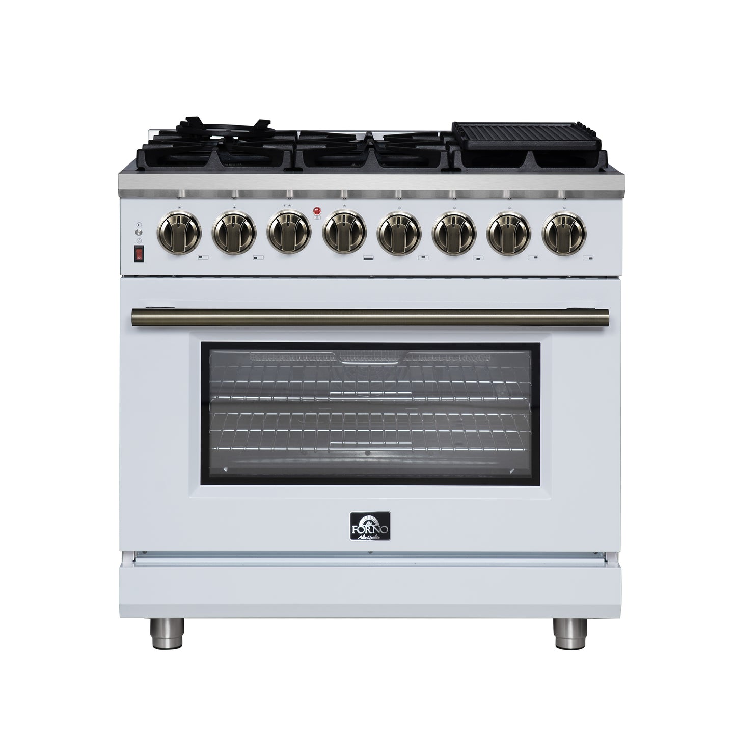 Massimo 36 Inch Dual Fuel Range in White with Air Fryer Basket, True Convection Oven, Matte Cast Iron Grates, and Antique Brass Handles
