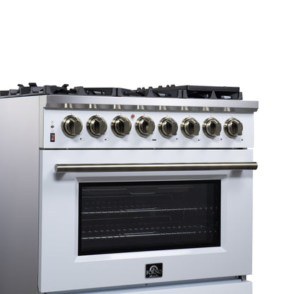 Massimo 36 Inch Dual Fuel Range in White with Air Fryer Basket, True Convection Oven, Matte Cast Iron Grates, and Antique Brass Handles