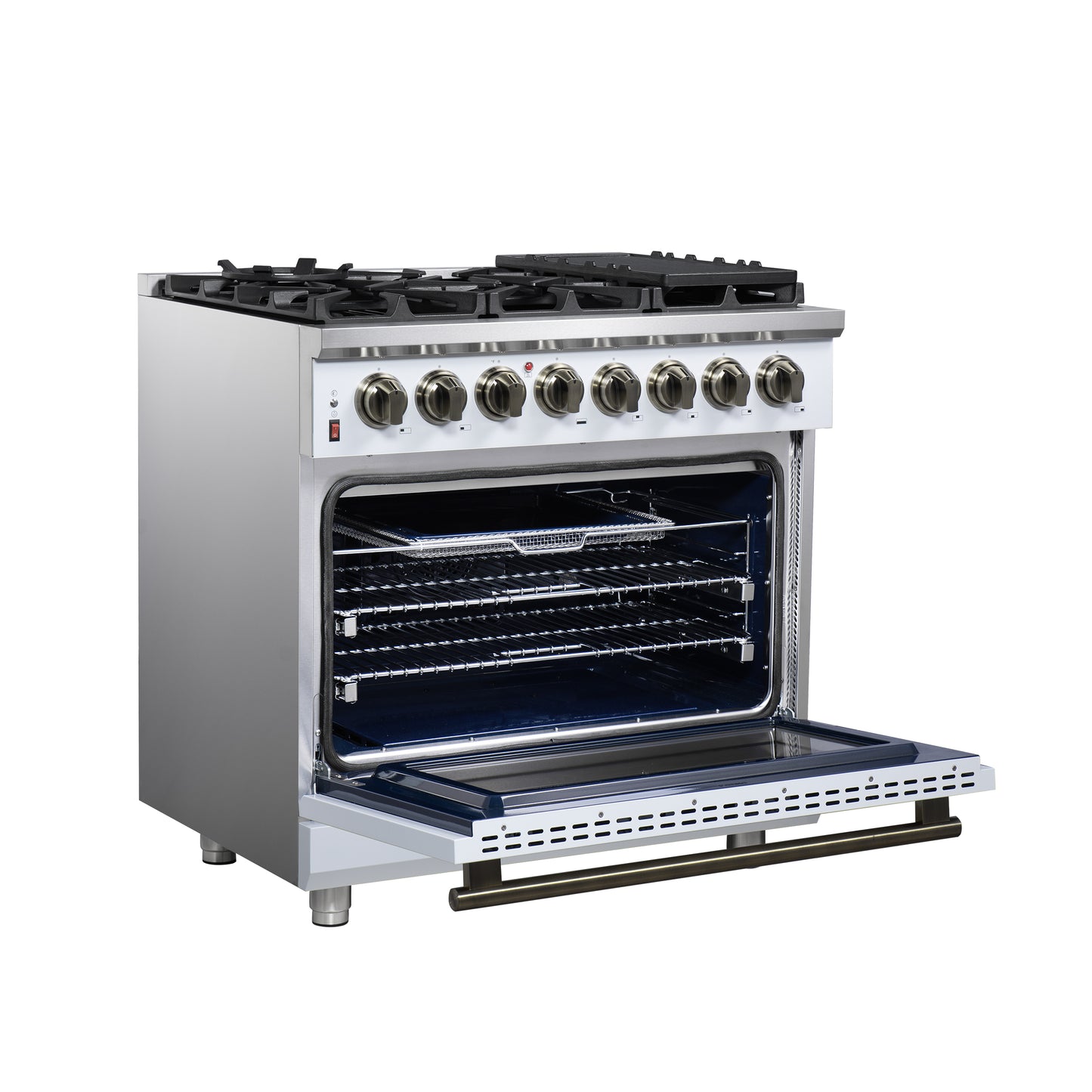 Massimo 36 Inch Dual Fuel Range in White with Air Fryer Basket, True Convection Oven, Matte Cast Iron Grates, and Antique Brass Handles