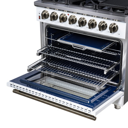 Massimo 36 Inch Dual Fuel Range in White with Air Fryer Basket, True Convection Oven, Matte Cast Iron Grates, and Antique Brass Handles