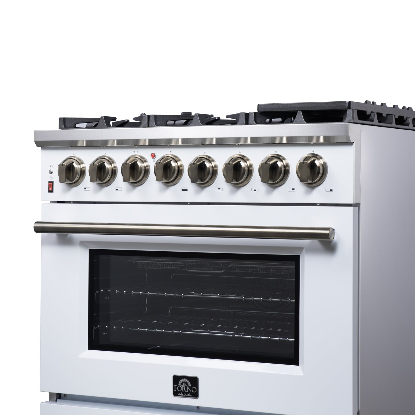 Massimo 36 Inch Dual Fuel Range in White with Air Fryer Basket, True Convection Oven, Matte Cast Iron Grates, and Antique Brass Handles