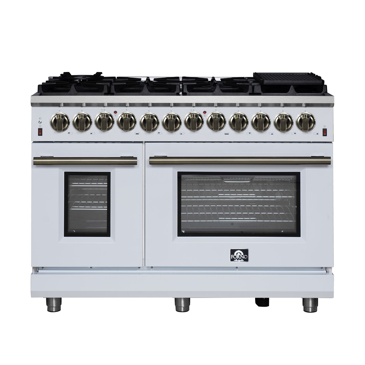 Massimo 48 Inch Dual Fuel Range in White with Air Fryer Basket, True Convection Oven, Matte Cast Iron Grates, and Antique Brass Handles
