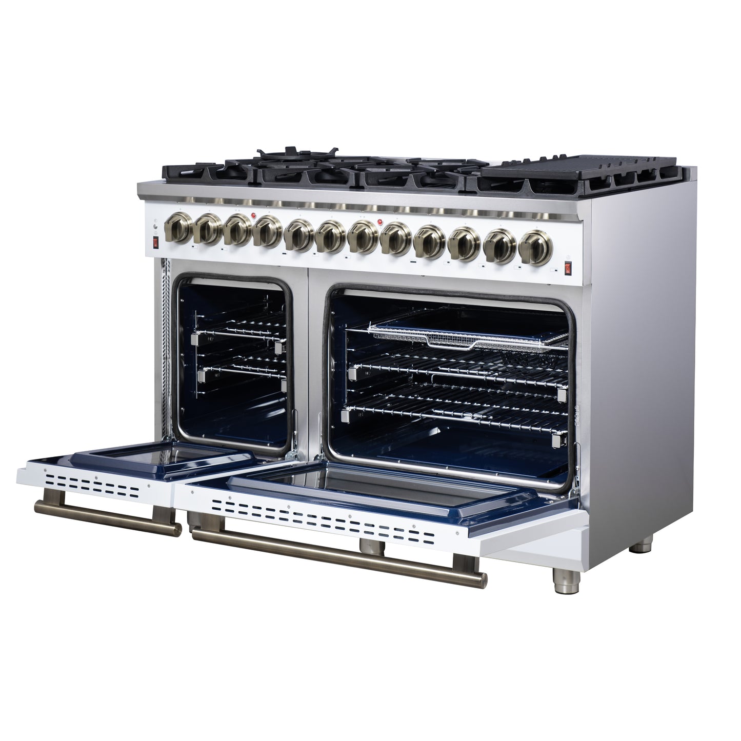 Massimo 48 Inch Dual Fuel Range in White with Air Fryer Basket, True Convection Oven, Matte Cast Iron Grates, and Antique Brass Handles