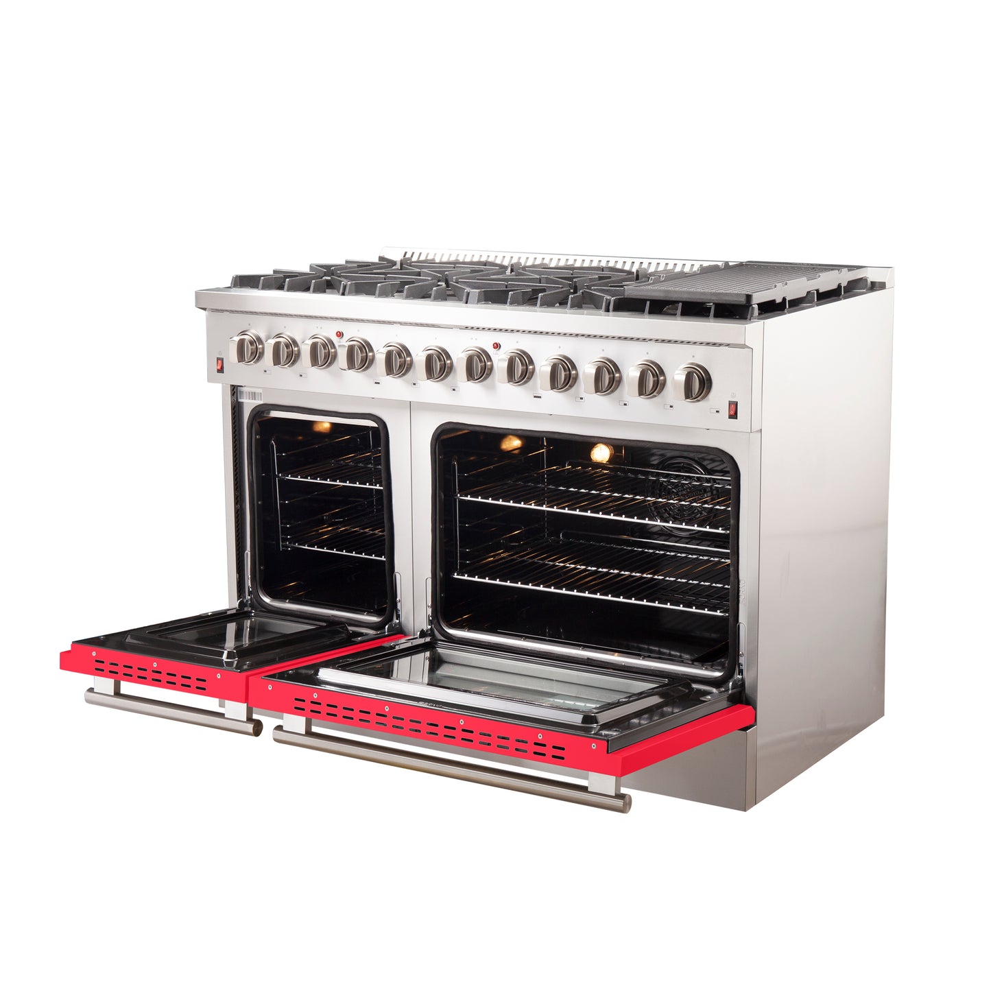 Forno Galiano 48-Inch Freestanding Dual Fuel Range, 8 Burners, Double Convection Ovens, Red Doors