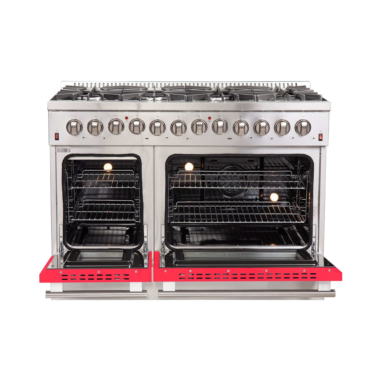 Forno Galiano 48-Inch Freestanding Dual Fuel Range, 8 Burners, Double Convection Ovens, Red Doors