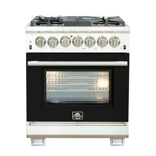 Forno Capriasca 30-Inch Freestanding Dual Fuel Range, 4 Burners, True Convection Oven, Black Door