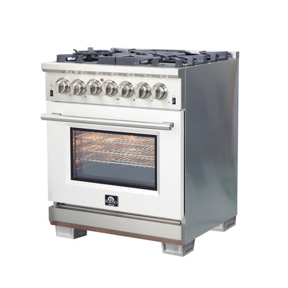 Forno Capriasca 30-Inch Freestanding Dual Fuel Range, 4 Burners, True Convection Oven, White Door