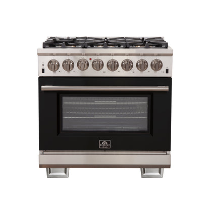 Forno Capriasca 36-Inch Freestanding Dual Fuel Range, 6 Burners, True Convection Oven, Black Door