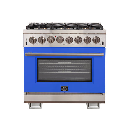 Forno Capriasca 36-Inch Freestanding Dual Fuel Range, 6 Burners, True Convection Oven, Blue Door