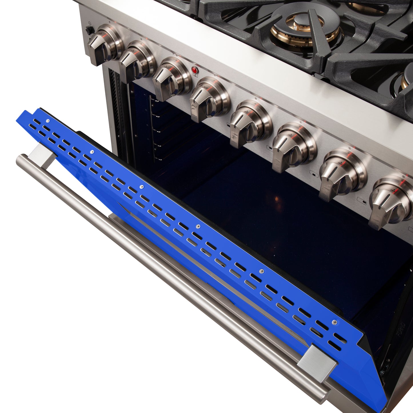 Forno Capriasca 36-Inch Freestanding Dual Fuel Range, 6 Burners, True Convection Oven, Blue Door
