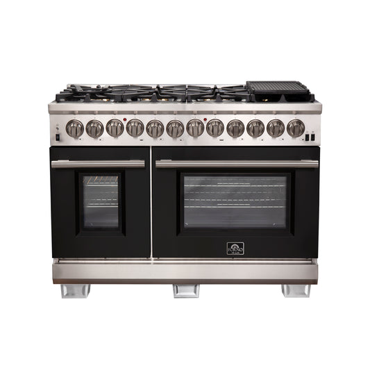 Forno Capriasca 48-Inch Freestanding Dual Fuel Range, 8 Burners, True Convection Oven, Black Doors