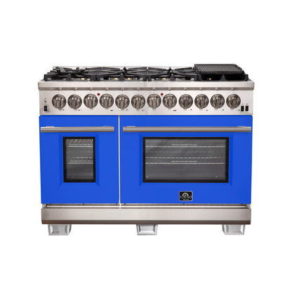 Forno Capriasca 48-Inch Freestanding Dual Fuel Range, 8 Burners, True Convection Oven, Blue Doors