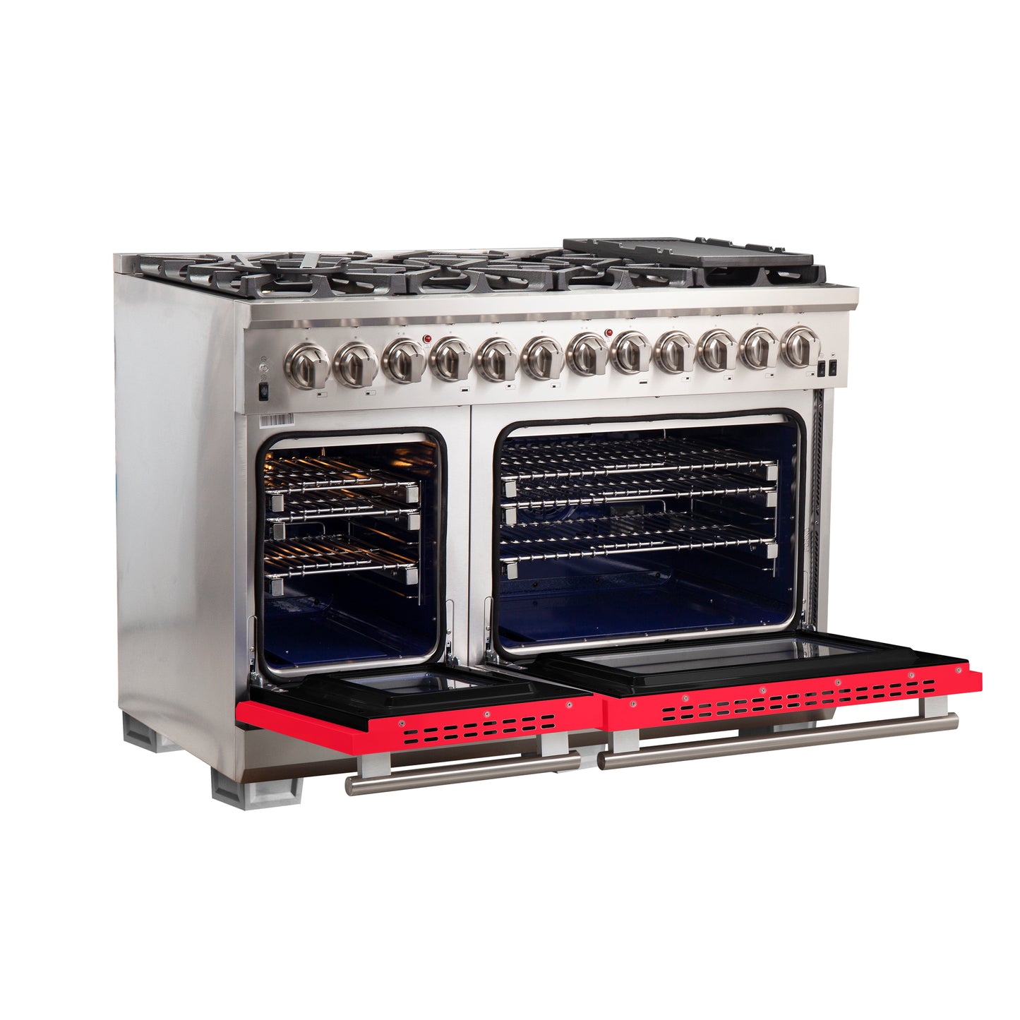 Forno Capriasca 48-Inch Freestanding Dual Fuel Range, 8 Burners, True Convection Oven, Red Doors