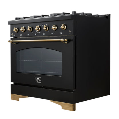 Forno Antico 36-inch Dual Fuel Range, Black and Antique Brass, 6 Burners, 4.5 cu.ft. Convection Oven