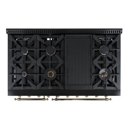 Forno Antico 48-Inch Dual Fuel Range, Black with Antique Brass Finish, 8 Burners, 94,000 BTU, 5.5 cu.ft. Double Ovens & Griddle