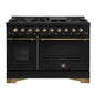 Forno Antico 48-Inch Dual Fuel Range, Black with Antique Brass Finish, 8 Burners, 94,000 BTU, 5.5 cu.ft. Double Ovens & Griddle