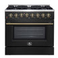 Forno Galiano 36-inch Dual Fuel Range in Black & Antique Brass Design, 6 Sealed Burners 83,000 BTU, 5.36 cu.ft. True Convection Oven
