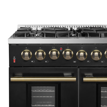 Galiano 48-inch Dual Fuel Range Black & Antique Brass Design with 8 Sealed Burners 107,000 BTU, 6.58 cu. ft. double ovens & Griddle