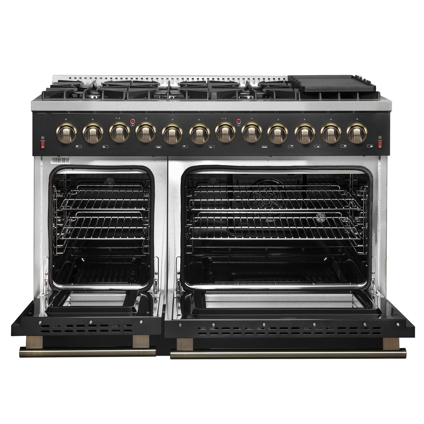 Galiano 48-inch Dual Fuel Range Black & Antique Brass Design with 8 Sealed Burners 107,000 BTU, 6.58 cu. ft. double ovens & Griddle
