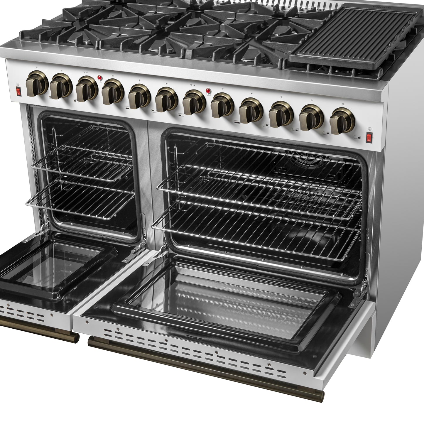 Galiano 48-inch Dual Fuel Range White & Antique Brass Design with 8 Sealed Burners 107,000 BTU, 6.58 cu. ft. double ovens & Griddle