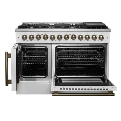 Forno Galiano 48-inch French Door Dual Fuel Range, White & Antique Brass Design, 8 Sealed Burners - 107,000 BTU, Griddle, 6.58 cu.ft. Double Ovens