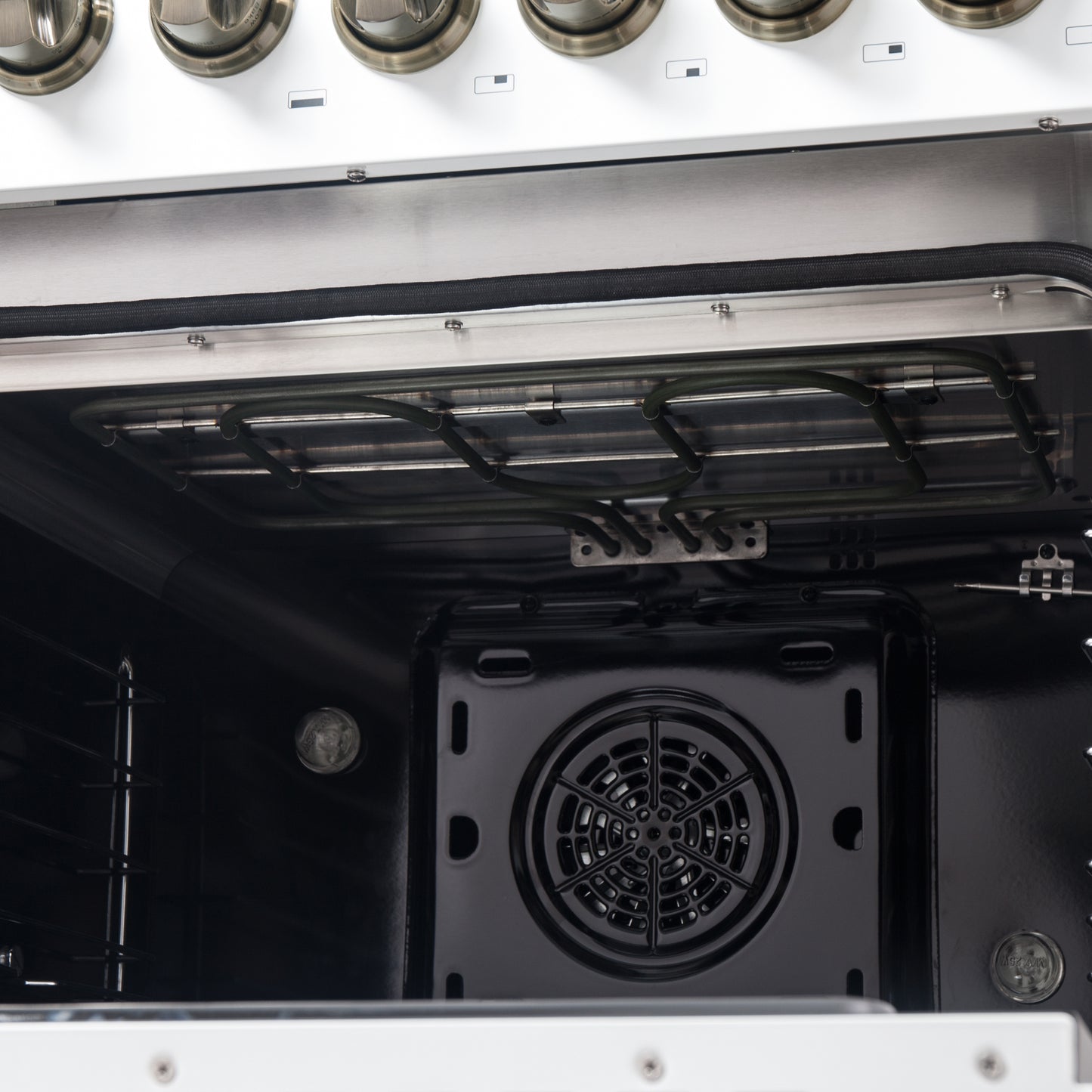 Forno Galiano 48-inch French Door Dual Fuel Range, White & Antique Brass Design, 8 Sealed Burners - 107,000 BTU, Griddle, 6.58 cu.ft. Double Ovens