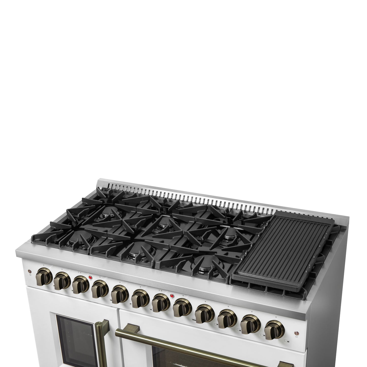 Forno Galiano 48-inch French Door Dual Fuel Range, White & Antique Brass Design, 8 Sealed Burners - 107,000 BTU, Griddle, 6.58 cu.ft. Double Ovens