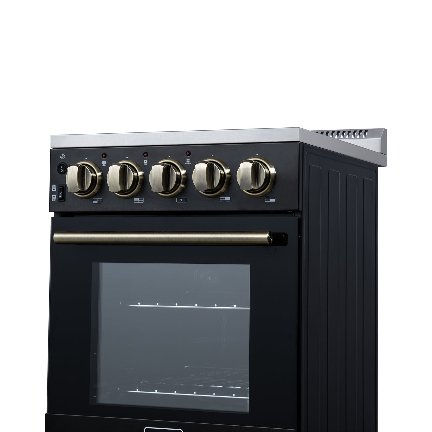 Forno Pallerano 20 Inch Freestanding Electric Range in Black with Antique Brass, Compact Design