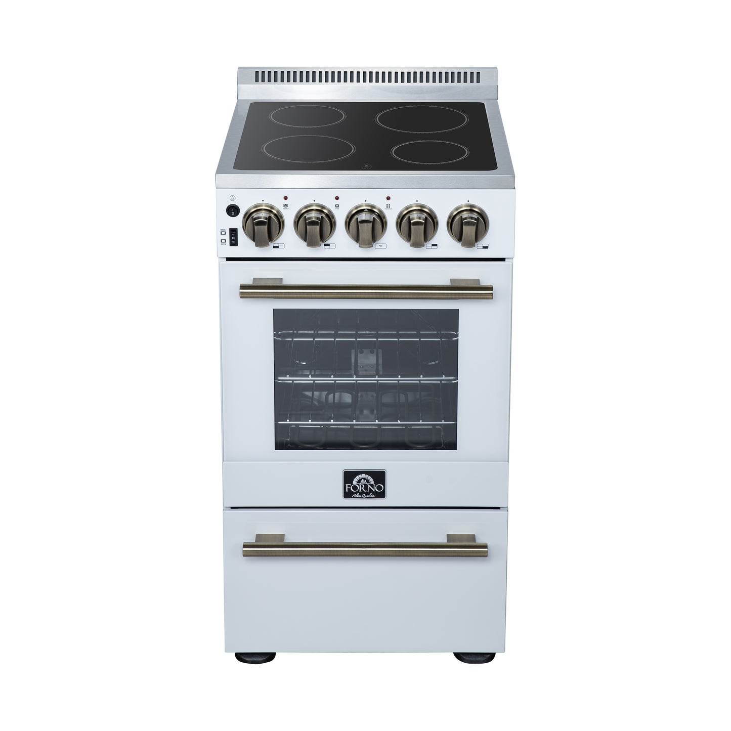 Forno Pallerano 20 Inch Freestanding Electric Range in White with Antique Brass, Compact Design