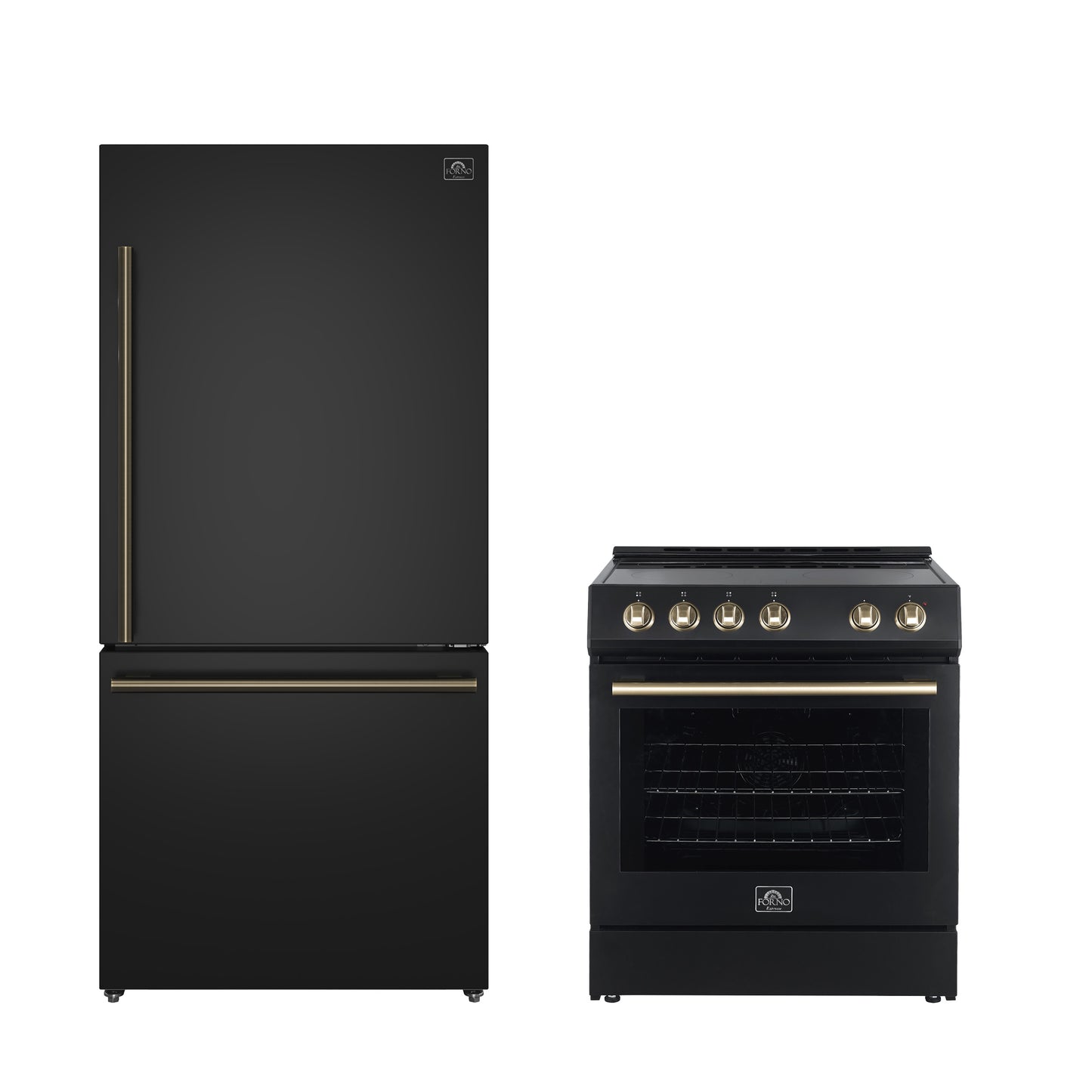 FORNO Premium 2-Piece Kitchen Bundle - Leonardo Espresso 30" Black Range, 31" Black Bottom Freezer Refrigerator - FBDL-003-02CA