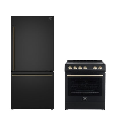 FORNO Premium 2-Piece Kitchen Bundle - Leonardo Espresso 30" Black Range, 31" Black Bottom Freezer Refrigerator - FBDL-003-02CA