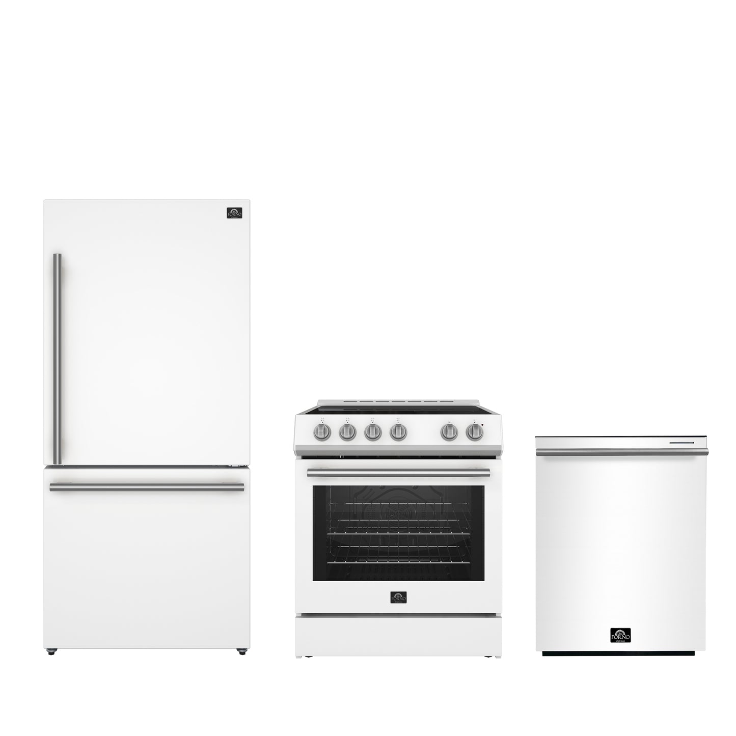 FORNO Premium 3-Piece Kitchen Bundle - Leonardo Espresso 30" White Range, 31" White Bottom Freezer Refrigerator, 24" White Built-In Dishwasher - FBDL-007-03US
