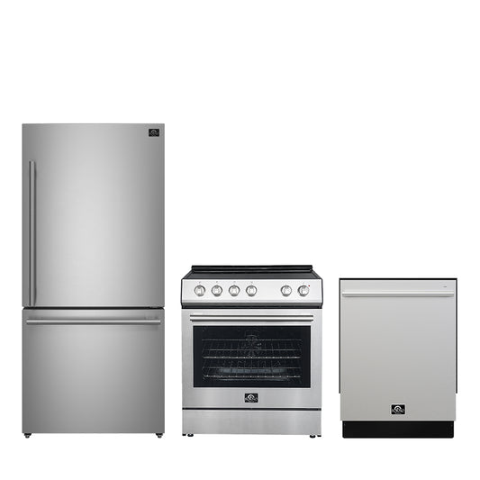 FORNO Premium 3-Piece Kitchen Bundle - 30" Electric Range, 31" French Door Refrigerator, 24" Built-In Dishwasher, Stainless Steel - FBDL-011-01CA