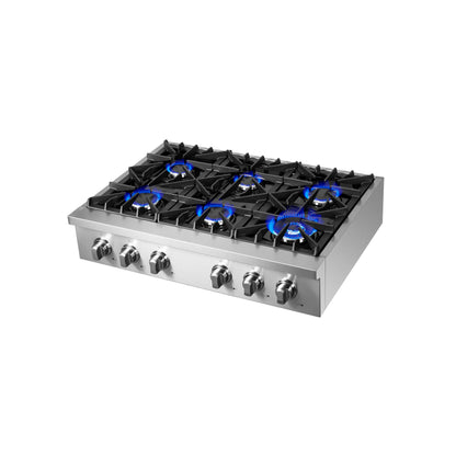 Forno Cossato Alta Qualita 36-Inch Pro-Style Gas Rangetop, Stainless Steel, 6 Sealed Burners, 83,000 BTU Total Output, Continuous Cast Iron Grates