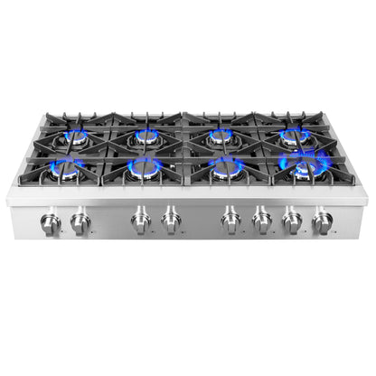 Forno Cossato Alta Qualita 48-Inch Pro-Style Gas Rangetop, Stainless Steel, 8 Sealed Burners, 107,000 BTU Total Output, Continuous Cast Iron Grates