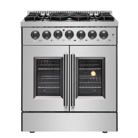 Forno Galiano 30-inch French Door Dual Fuel Range All Stainless Steel, 5 Sealed Burners 68,000 BTU, 4.32 cu.ft. True Convection Oven