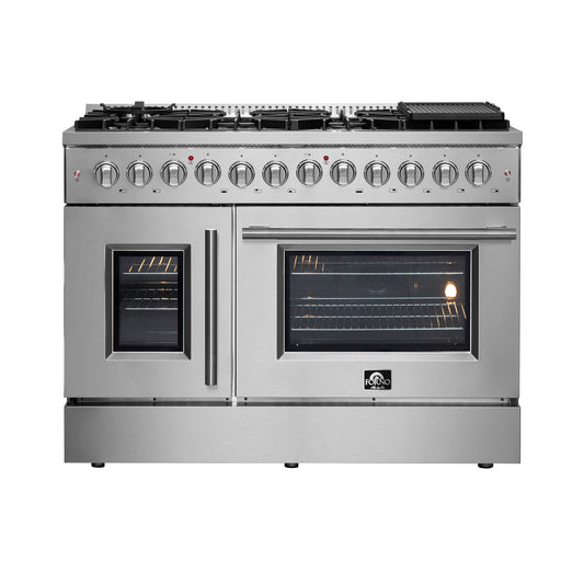 FORNO Galiano 48-Inch French Door Dual Fuel Range All Stainless Steel, 8 Sealed Burners, 107,000 BTU, Griddle, 6.58 cu.ft. Double Ovens