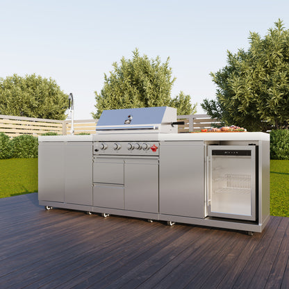 FORNO Bulnes 30-Inch BBQ, 60,000 BTU, 3 Burners with Sear & Rotisserie Infrared Burners, Stainless Steel Outdoor Kitchen with 1.8 cu.ft. Beverage Center & White Sintered Stone Countertops