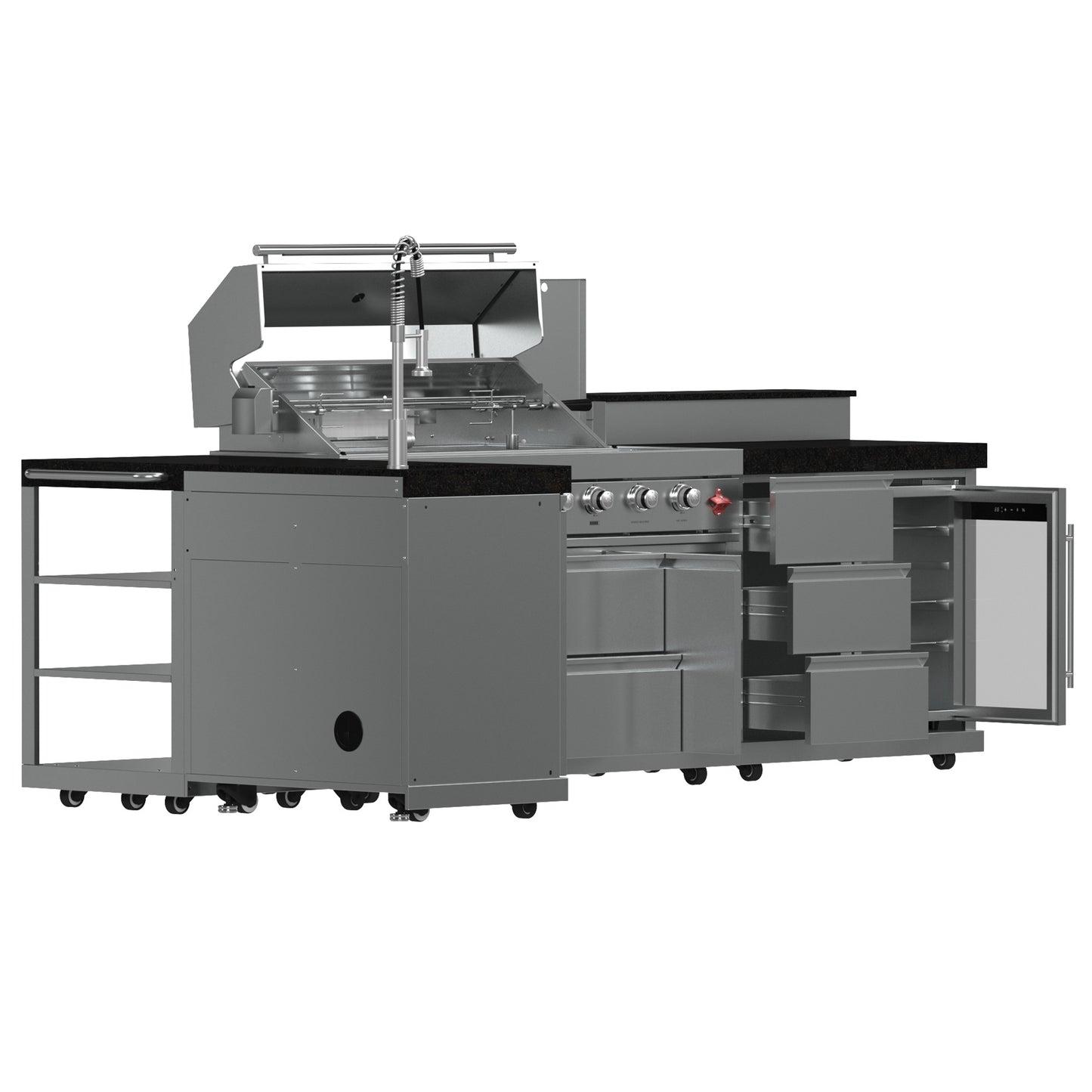 FORNO Bulnes 40-Inch BBQ, 95,000 BTU, 5 Burners, Sear & Rotisserie Infrared with Side Burner, Stainless Steel Outdoor Kitchen with 1.8 cu.ft. Beverage Center & Black Granite Countertops