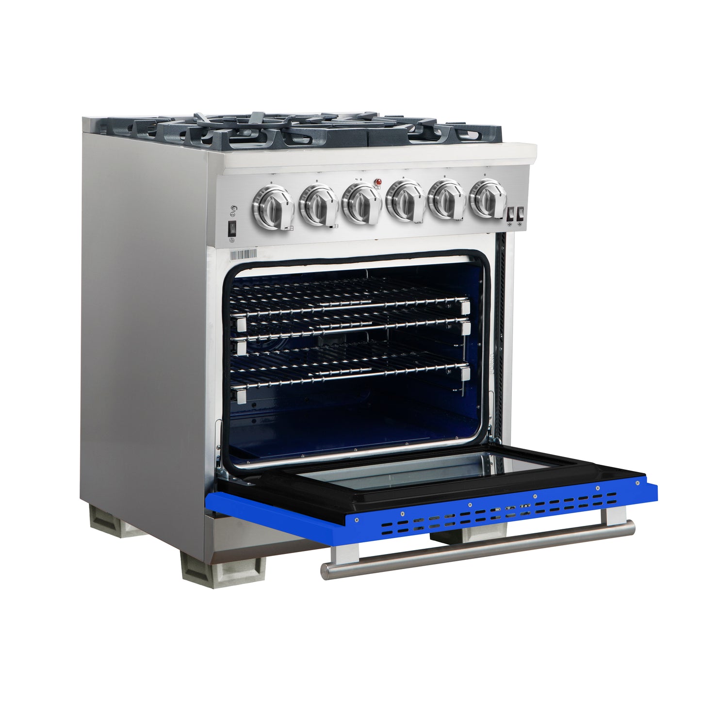 Forno Capriasca 30-Inch Freestanding Gas Range, 4 Burners, True Convection Oven, Blue Door